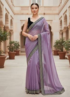 Purple Color  Sequins with jari dori Embroidery work Net Sareer 1