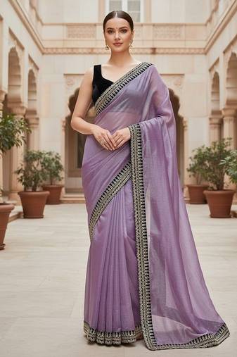 Purple Color  Sequins with jari dori Embroidery work Net Sareer