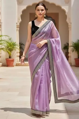 Purple Color  Sequins with jari dori Embroidery work Net Sareer