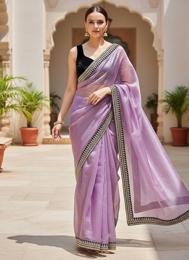 Purple Color  Sequins with jari dori Embroidery work Net Sareer