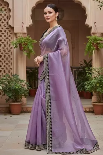 Purple Color  Sequins with jari dori Embroidery work Net Sareer