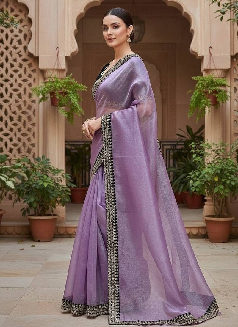Purple Color  Sequins with jari dori Embroidery work Net Sareer