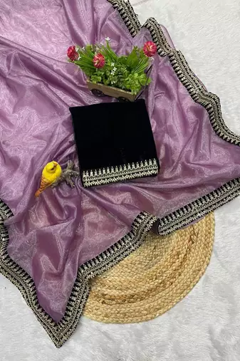 Purple Color  Sequins with jari dori Embroidery work Net Sareer