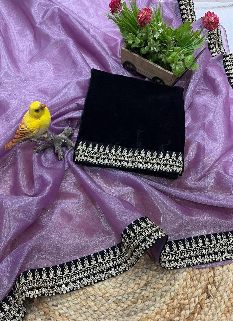 Purple Color  Sequins with jari dori Embroidery work Net Sareer