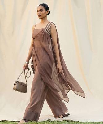 Mocha glow brown jacket suit set with farsi pants 1