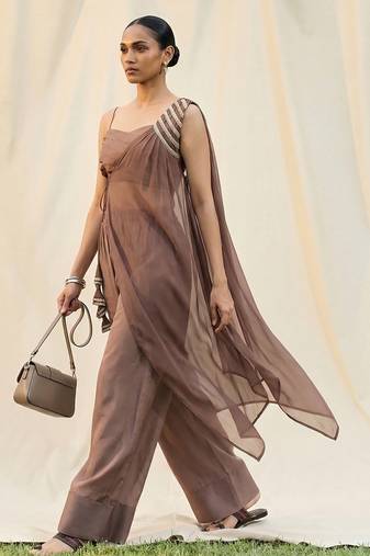 Mocha glow brown jacket suit set with farsi pants