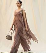 Mocha glow brown jacket suit set with farsi pants
