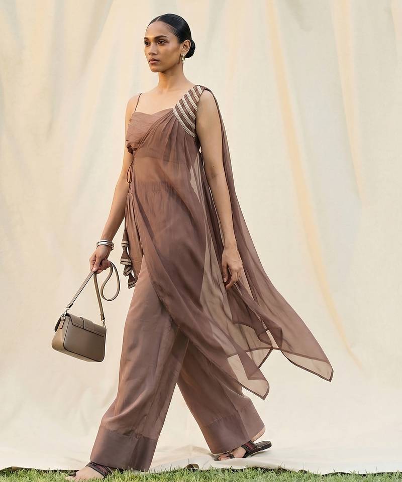 Mocha glow brown jacket suit set with farsi pants