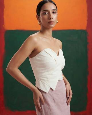 White tube top linen beige pencil skirt western wear 1