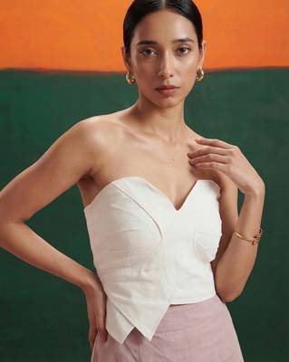 White tube top linen beige pencil skirt western wear 2