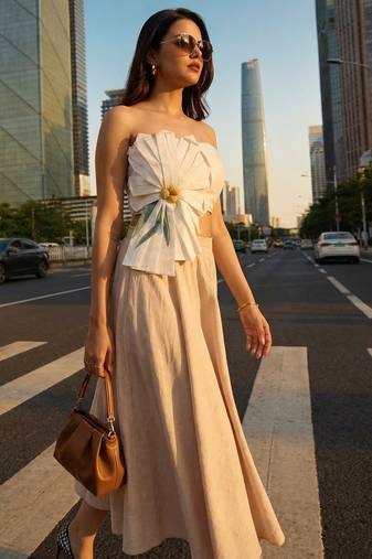 3d floral design white tube top with long linen beige skirt western wear