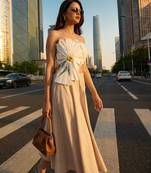 3d floral design white tube top with long linen beige skirt western wear