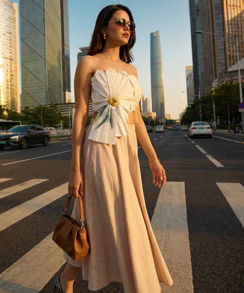 3d floral design white tube top with long linen beige skirt western wear