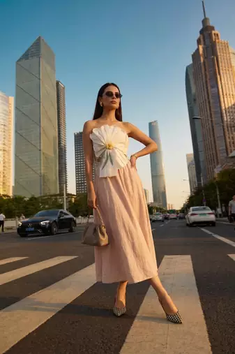 3d floral design white tube top with long linen beige skirt western wear