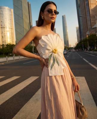 3d floral design white tube top with long linen beige skirt western wear 4