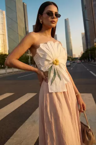 3d floral design white tube top with long linen beige skirt western wear