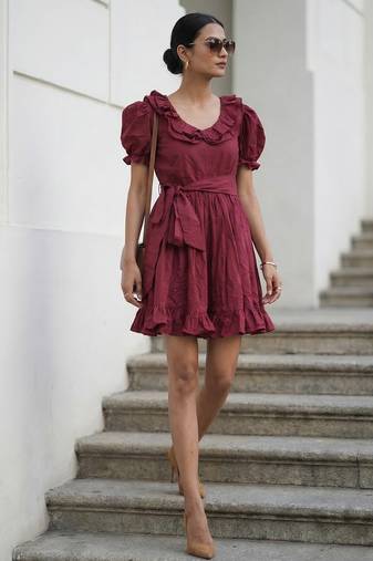 Dark maroon vintage pure cotton mini summer dress with ruffeled sleeves