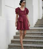 Dark maroon vintage pure cotton mini summer dress with ruffeled sleeves