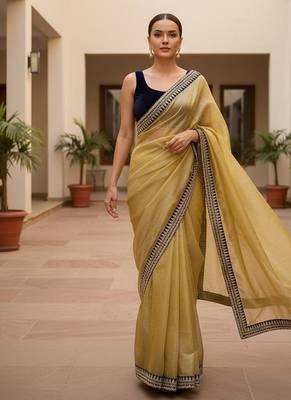 Yellow Color  Sequins with jari dori Embroidery work Net Sareer 1