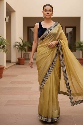 Yellow Color  Sequins with jari dori Embroidery work Net Sareer