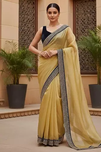 Yellow Color  Sequins with jari dori Embroidery work Net Sareer