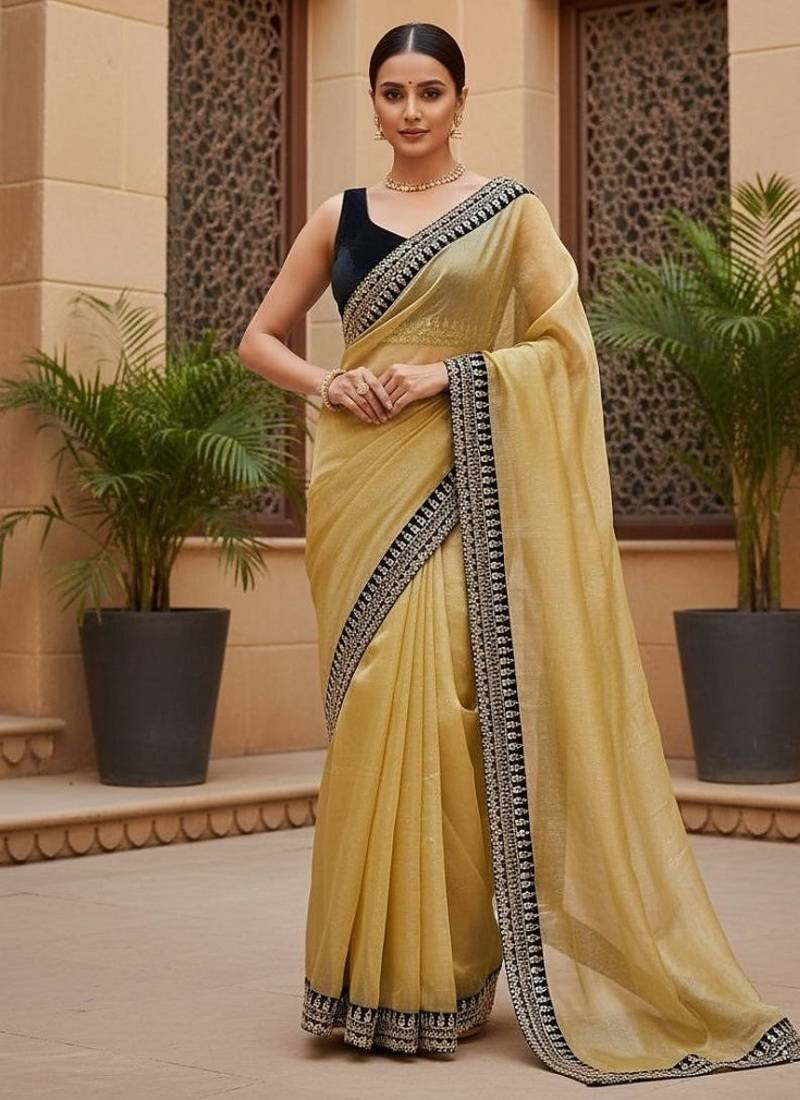 Yellow Color  Sequins with jari dori Embroidery work Net Sareer