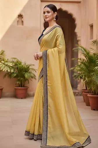 Yellow Color  Sequins with jari dori Embroidery work Net Sareer
