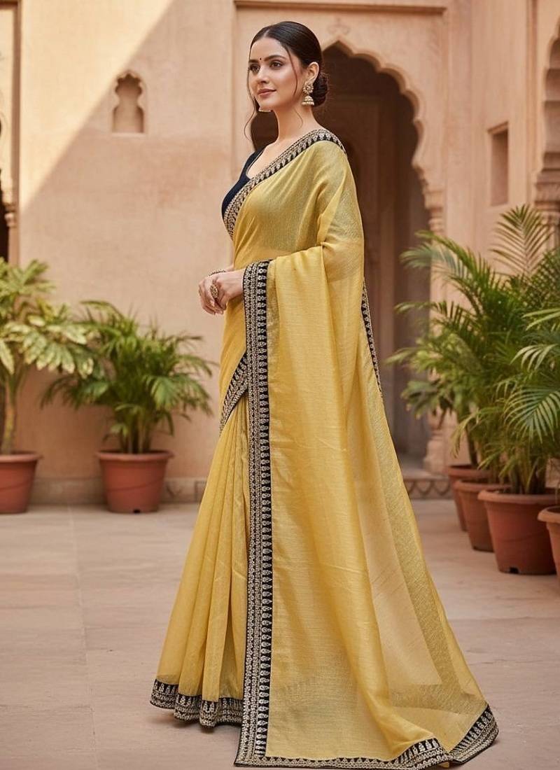 Yellow Color  Sequins with jari dori Embroidery work Net Sareer