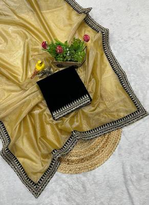 Yellow Color  Sequins with jari dori Embroidery work Net Sareer 4