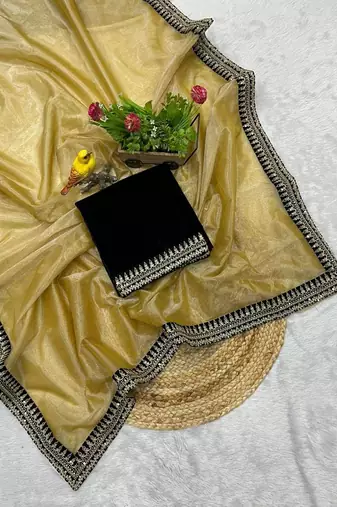 Yellow Color  Sequins with jari dori Embroidery work Net Sareer