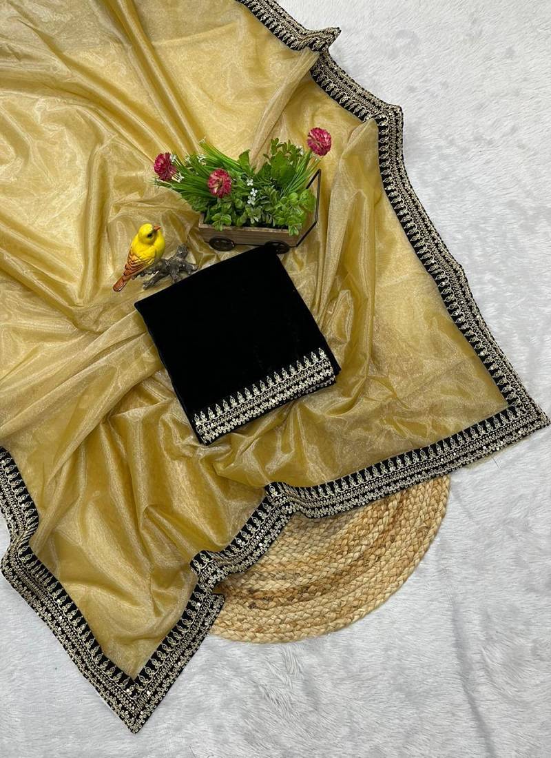 Yellow Color  Sequins with jari dori Embroidery work Net Sareer