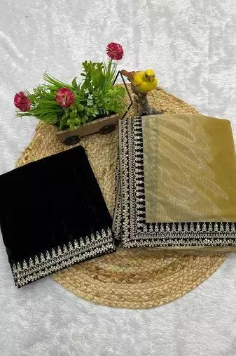 Yellow Color  Sequins with jari dori Embroidery work Net Sareer