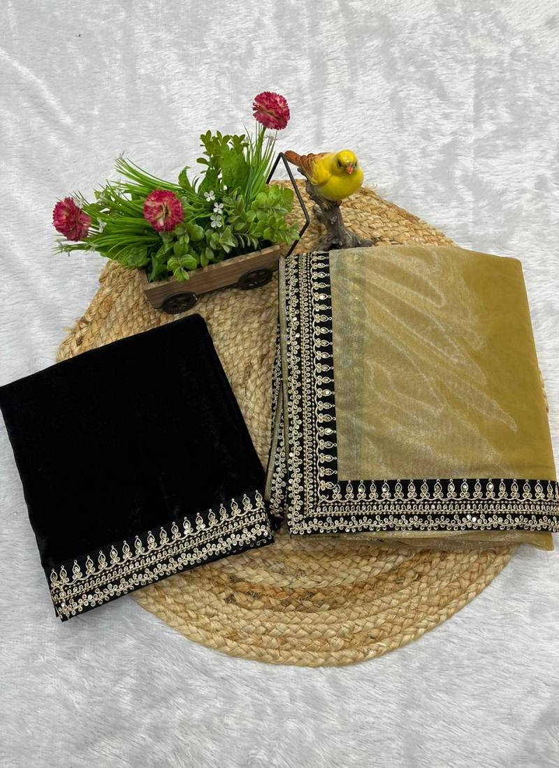 Yellow Color  Sequins with jari dori Embroidery work Net Sareer