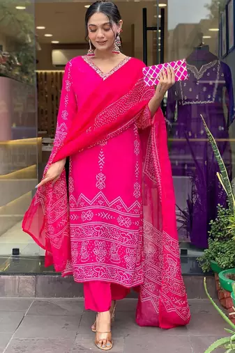 Pink colour kurati heavy silk fabric with digital printed