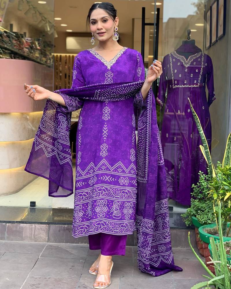 Purple colour kurati heavy silk fabric with digital printed