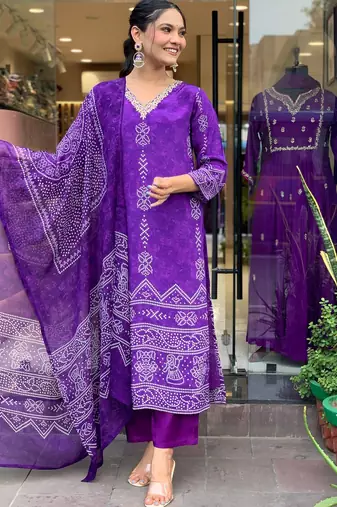 Purple colour kurati heavy silk fabric with digital printed