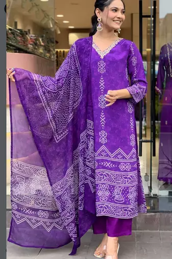 Purple colour kurati heavy silk fabric with digital printed