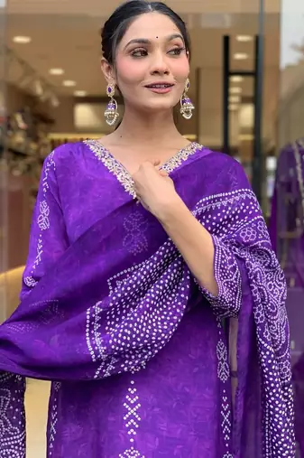 Purple colour kurati heavy silk fabric with digital printed