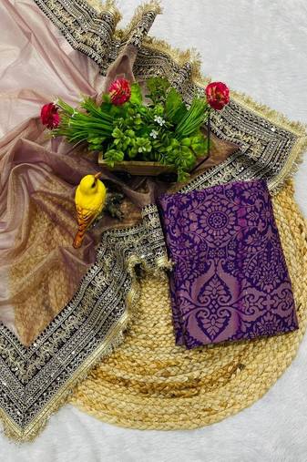 Light Purple Color Sequin with Jari dori embroidery Work Net Saree