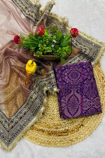 Light Purple Color Sequin with Jari dori embroidery Work Net Saree