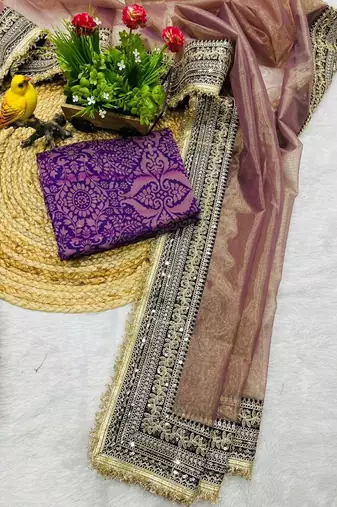 Light Purple Color Sequin with Jari dori embroidery Work Net Saree