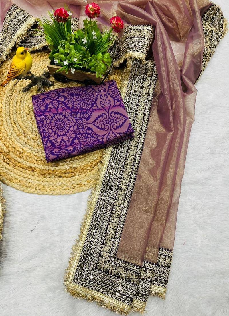 Light Purple Color Sequin with Jari dori embroidery Work Net Saree