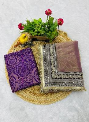 Light Purple Color Sequin with Jari dori embroidery Work Net Saree 5