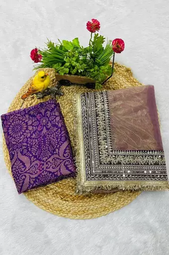 Light Purple Color Sequin with Jari dori embroidery Work Net Saree