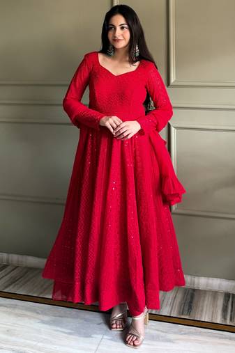 Amazeballs Red Thread Work Georgette Wedding Wear Anarkali Pant Suit