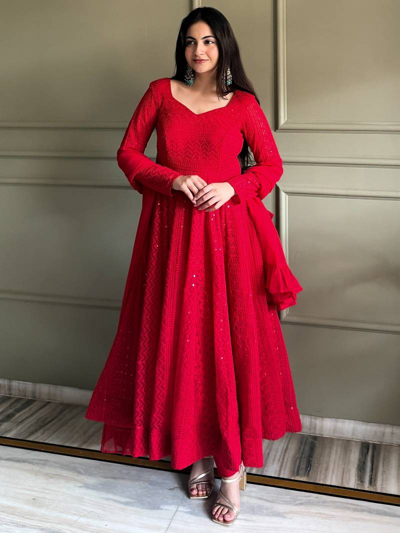 Amazeballs Red Thread Work Georgette Wedding Wear Anarkali Pant Suit