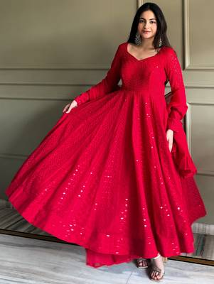 Amazeballs Red Thread Work Georgette Wedding Wear Anarkali Pant Suit 3