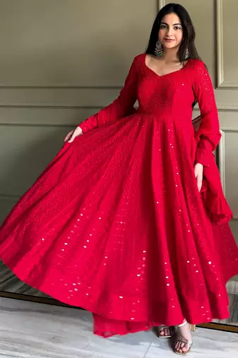 Amazeballs Red Thread Work Georgette Wedding Wear Anarkali Pant Suit