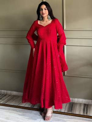 Amazeballs Red Thread Work Georgette Wedding Wear Anarkali Pant Suit 4