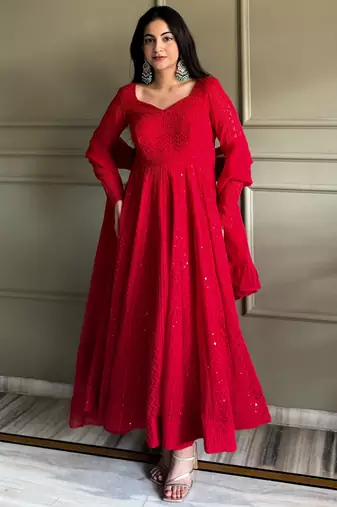 Amazeballs Red Thread Work Georgette Wedding Wear Anarkali Pant Suit